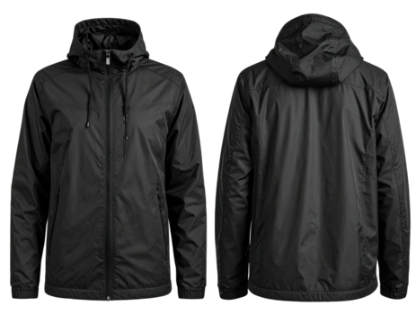 Black waterproof hooded jacket, front and back views
