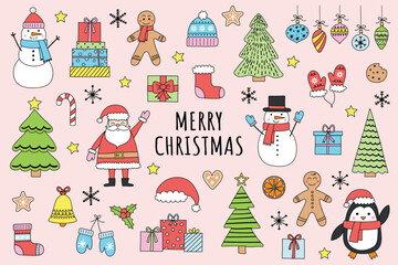 Colourful Christmas icon set. Hand drawn holiday characters and ornaments. X-Mas clip art design. Vector illustration