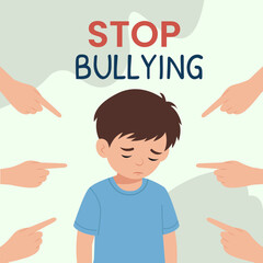 Stop bullying poster.Different hands indicate a frightened boy. A victim of bullying.National bullying prevention month vector illustration