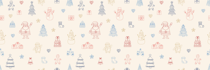 Christmas seamless pattern. Cute holiday background with cartoon ornaments. Vector illustration