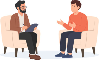 Psychology therapy counseling. Psychologist talking with patient. Man with stress, depression or mental problem.Vector illustration.