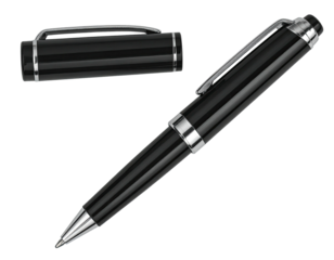 Black pen with silver accents, open and closed