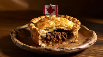 Cinematic close up of traditional Canadian meat pie tourtière with flaky golden crust and small Canada flag, warm steam rising, rustic wooden plate and cozy lighting in authentic Quebec cuisine style - Powered by Adobe