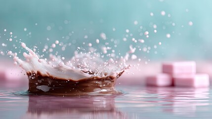 Chocolate Crown Splash Freeze Motion on Iridescent Water Surface with Pink Cubes Against Soft Turquoise Background