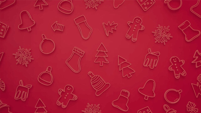 A collection of festive christmas cookie cutter shapes including trees bells and stars arranged in a repeating pattern on a vibrant red background silhouette