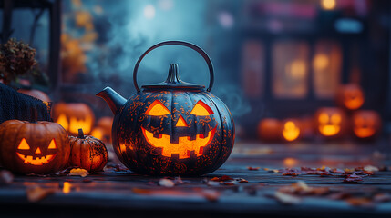 A hand-painted aluminum pumpkin teapot sits on wooden porch steps next to glowing jack-o'-lanterns.