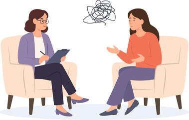 Psychology therapy counseling. Psychologist talking with patient. Woman with stress, depression or mental problem.Vector illustration