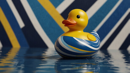 Playful Yellow Rubber Duck on Blue and White Striped Waves – Minimalist Whimsical Toy Design