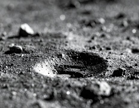 Close-up view of lunar surface, rocky debris, shadowed crater
