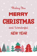 Cute greeting card with cartoon Christmas trees. Vector illustration