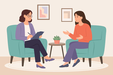 Psychotherapy session - woman talking to psychologist sitting on armchair. Mental health concept., Vector illustration