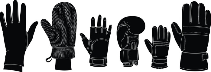 Glove silhouettes, tactical gloves, boxing mitts, winter mittens, ski gloves, work gloves, protective gear, black icons, stitched detail