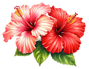 Two vibrant hibiscus flowers, one predominantly red, the other a mix of red and white, detailed petals and center, displayed against a black backdrop