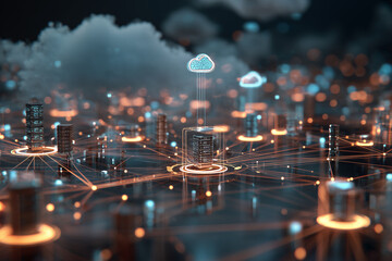 Futuristic cityscape with glowing lights and digital cloud networks ascending