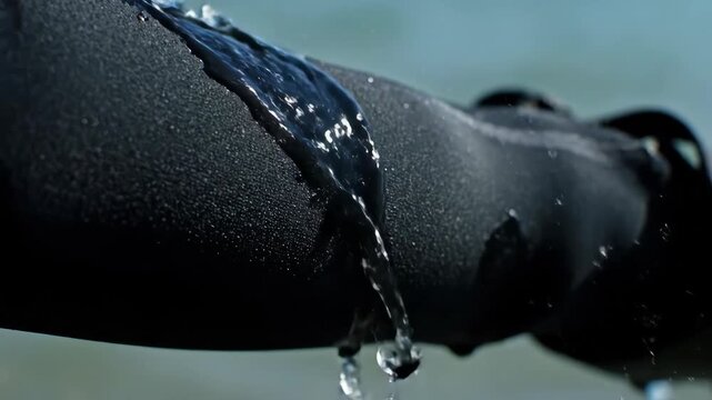 Water Droplets Beading on Black Waterproof Material Testing Water Resistance on a Bright Day by the Water
