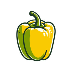 A vibrant yellow bell pepper with green accents, set against a clean white background, ideal for culinary uses