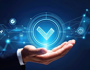 A hand holds a glowing checkmark symbol, surrounded by digital network elements