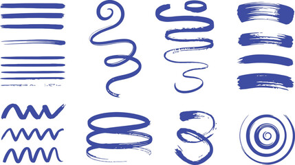 Collection of Blue Brush Strokes and Swirls on White Background