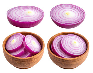 Four close-up views of sliced red onions in wooden bowls. Two views show individual, round slices and two show sliced onions in bowls