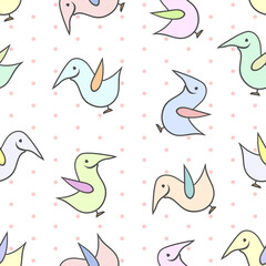 Seamless vector pattern with smiling birds of different colors rotated in different directions on beige background with polka dot