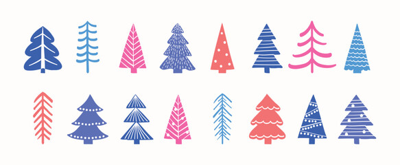 Hand drawn Christmas tree icon set. X-Mas decorations. Vector illustration