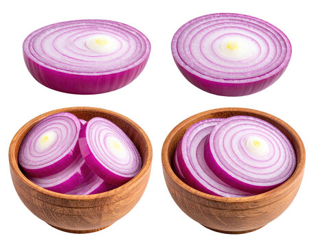 Four close-up views of sliced red onions in wooden bowls. Two views show individual, round slices and two show sliced onions in bowls