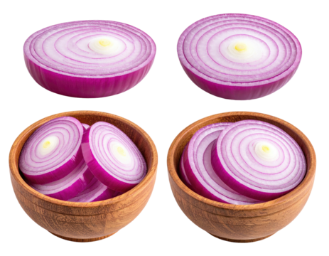 Four close-up views of sliced red onions in wooden bowls. Two views show individual, round slices and two show sliced onions in bowls