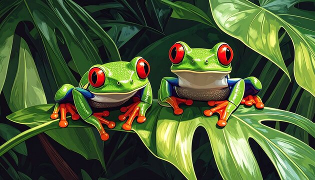 Two red-eyed tree frogs on a leaf