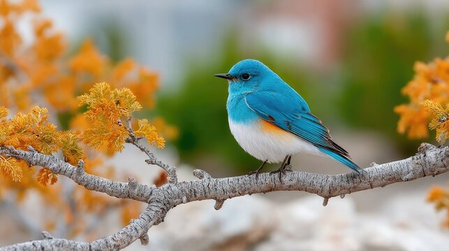 Cinematic Blue Bird Perched on Branch with Golden Leaves in Soft Light Detailed Avian Photography Close Up View