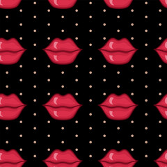 Vector seamless pattern with red lips on black background with polka dot