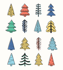Set with a cartoon Christmas tree icons. Abstract ornaments. Vector illustration
