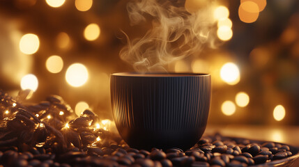 Evening Coffee Charm with Golden Bokeh Glow