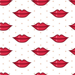 Vector seamless pattern with red lips on white background with polka dot