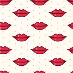 Vector seamless pattern with red lips on beige background with polka dot