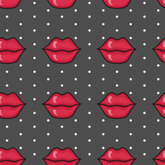 Vector seamless pattern with red lips on gray background with polka dot