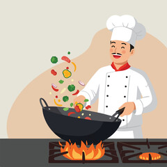 Chef cooking vegetables in a wok over a gas stove with flames