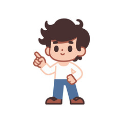 Cartoon character pointing with a thoughtful expression, set against a minimalistic background