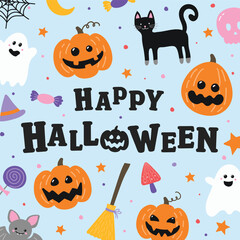 Halloween card with cute hand drawn icons. Vector illustration