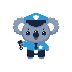Cartoon koala dressed as a police officer holding a handcuff in a simple background