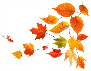 Naklejka premium A cluster of vibrant autumn leaves, predominantly orange and yellow, scattered against a stark white background, suggesting a gentle breeze