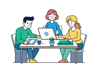 Vector art of three people collaborating around a laptop