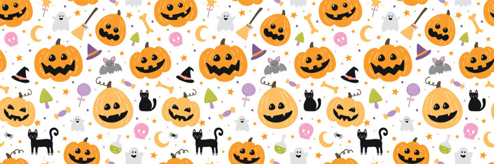 Cute Halloween seamless pattern. Background design. Vector illustration