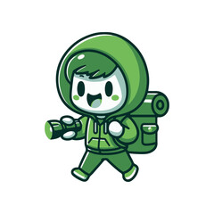 Cheerful child explorer in green hoodie with backpack and flashlight, adventure in nature