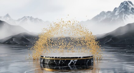 Elegant Marble Display Pedestal with Golden Sparkle Explosion