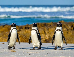 African Penguins Walking on Beach.