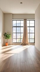 Sunlit minimalist room with large window, light beige curtain, hardwood floors, and a potted plant