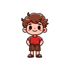 Cheerful young boy in casual summer attire, standing confidently with hands on hips, isolated on white background