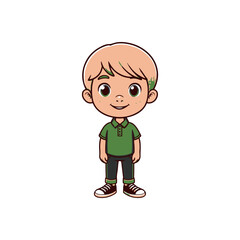Cheerful young boy with light hair and green shirt standing confidently against a plain background