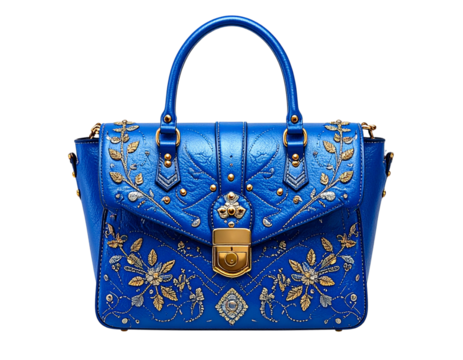 Elegant Ornate Blue Handbag with Vintage Patterns PNG Transparent Background