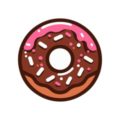 Fototapeta premium Colorful chocolate donut with pink icing and sprinkles on a white background, ideal for desserts